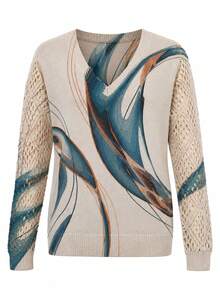 Elegant Geometric Pattern Digital Printed V-Neck Long Sleeve Pullover Sweater, Versatile For Spring, Summer, Autumn, Knitwear For Women Vacation Fall - Blue - View 8
