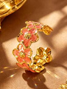 1pc Gentle Style Stainless Steel Women's Bracelet With Enamel Floral Design, Suitable For Party/Date Wear - Yellow Gold - View 9