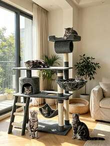 1 Pc Dual‑Style Cat Tree, Luxury Version 55.5 Inches, Regular Version 17 Inches, Wear‑Resistant Sisal Scratching Posts, Equipped With Cat House, Tunnel, Hammock, Ladder And Cat Teaser Pendant, Suitable For Indoor Household Pet Cats - Multicolor - View 6