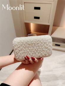 Faux Faux Pearl Decor Box-Shaped Chain Strap Bag, Faux Pearl Bag,Bride - Beige - View 1