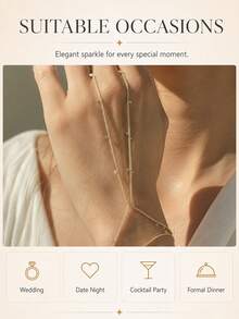 FAAABULS 1pc Gold-Tone Delicate Beaded Finger Bracelet Ring Chain, Small Dot Spaced Pendant Hand Cage Chain, Commute Daily Party Gift Hand Jewelry - Gold - View 3