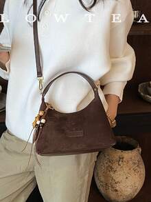 low tea 1pc Minimalist Fashion Suede Fabric Handbag With Adjustable Shoulder Strap, Suitable For Commuting, Shopping, Etc. (With Pendant) - Coffee - View 12
