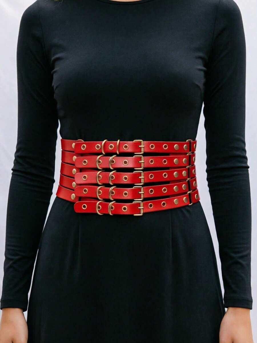 1pc Women's Red Punk Fashion Perforated Metal Belt, Versatile Hollow Decorative Accessory - Red - View 1