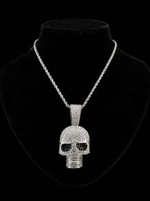 Hip-Hop Style Full Rhinestone Skull Pendant Cuban Chain Necklace, Dark Personalized Streetwear Accessory, Suitable For Rap Performance, Halloween Party, Cool Unisex Niche Gift Jewelry - Skull Pendant Necklace - View 8