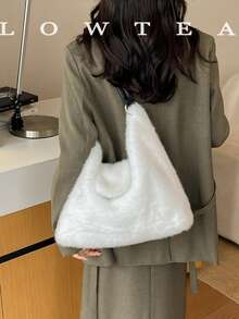 low tea 1pc Minimalist Fashion Wanderer Style Plush Fabric Shoulder Bag, Suitable For Commuting, Shopping, Etc. - White - View 11