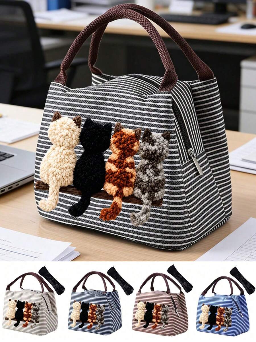 2D Plush (4 Cats) Back View Striped Lunch Box, Pet Pattern Tote Bag,Portable Picnic Bag, Unisex Lunch Bag, Zipper Closure, Suitable For Cat Lovers,An Excellent Gift Choice For Students, Teachers, Birthdays, Or Anniversaries. - Multicolor - View 1