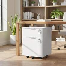 HOMCOM Caisson de bureau, meuble de rangement 2 tiroirs 2 barres de suspension dossier suspendu, verrouillable 2 clés, 4 roulettes 42x40x60 cm blanc - Blanc - Voir 3