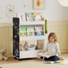 Kinderboekenkast op wielen, opbergruimte voor kinderboeken van 3 tot 8 jaar met krijtbord, 66,5 x 32,5 x 86,5 cm, wit - A - Bekijken 3