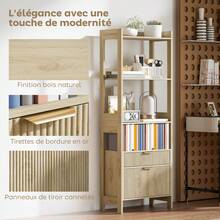 Hoge boekenkast, opbergmeubel met 4 open planken en 2 geribbelde laden, 60 x 30 x 160 cm, naturel hout - A - Bekijken 6
