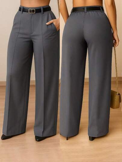 Women's Straight Leg Woven Pants, Front Seam Detail Elegant Dress Pants, June Festival, Outdoor Pants, Women's Fitness Pants, Outdoor, Elegant Pants, Grey Pants