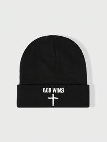 1pc Embroidered GOO WINS Cross Knit Beanie, Outdoor Cold-Proof Knit Hat, Casual Versatile Winter Warm Beanie, Suitable For Daily Commute - Knitted Hat - View 13