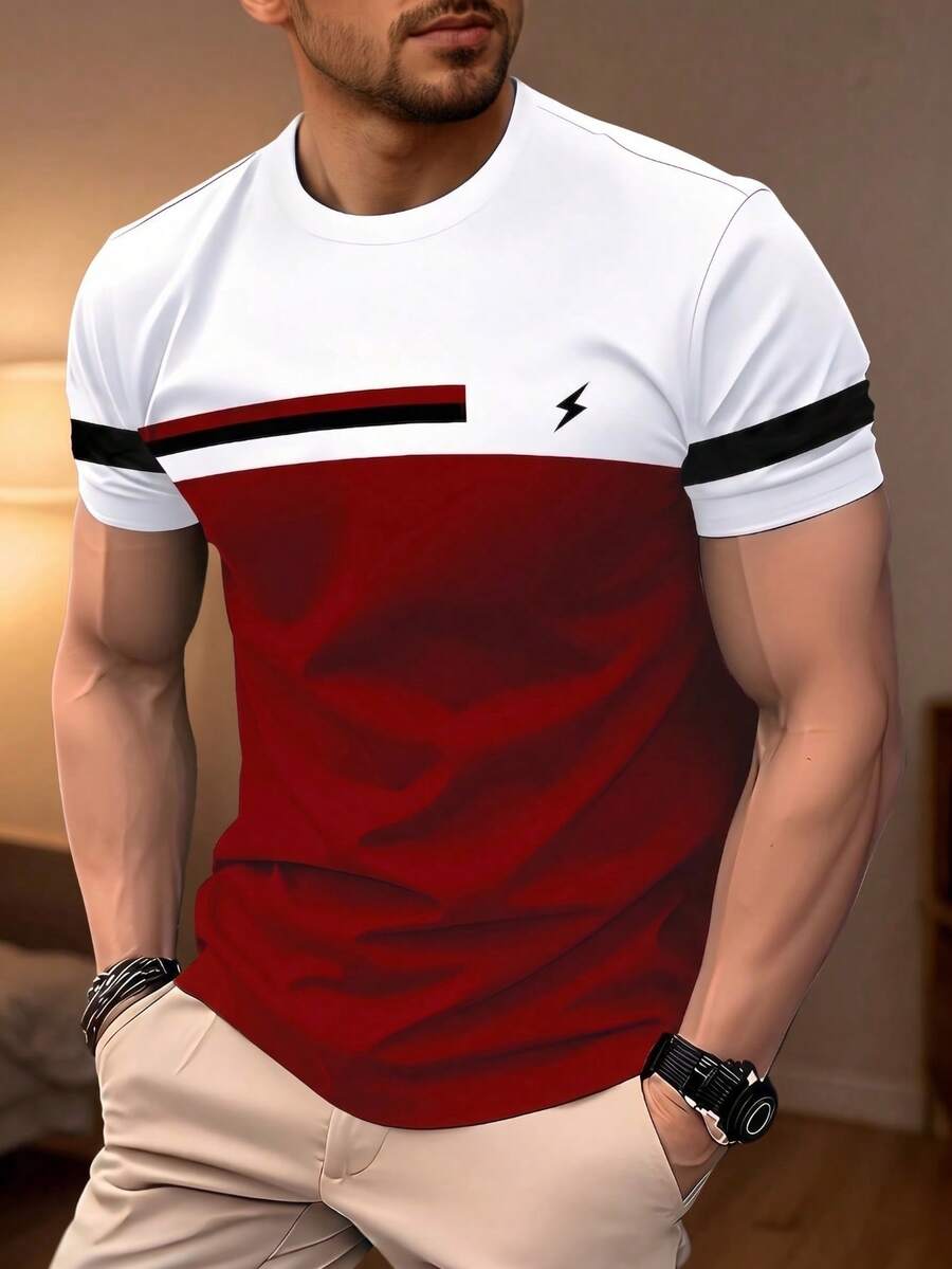 Men's Contrasting Color Short Sleeve T-Shirt, Comfortable & Breathable, Suitable For Summer, Fashionable - Red - View 1