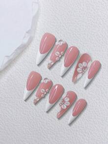 10pcs Elegant Style White French Long Pointed Press-On Nails, Rhinestone Decorated Long Pointed Almond Nails, 3D Flower Shiny Rhinestone False Nails, Essential For All Seasons Spring Summer Autumn Winter, Suitable For Holiday And Daily Wear, Best Gift For Women And Girls Handmade Press On Nails - Pink - View 3
