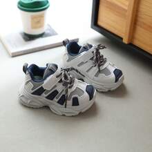 1 Pair Contrast Color Mesh Kids Chunky Sneakers, Soft Thick Sole Anti-Slip, Hook And Loop Closure Design, Lightweight And Breathable, Comfortable For Toddlers To Walk, Run And Jump - Blue - View 5
