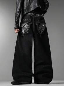 Men's American Brand Wide Leg Jeans, Retro Unique Embroidery Design, Fashion Daily All-Season Long Pants (No Belt & Accessories Included) - Black - View 5