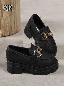 1 Pair Black Elegant Metal Chain Decor Girls' Loafers, Thick Sole Slip-On Fashion Shoes, Suitable For Daily And School Wear - Black - View 4
