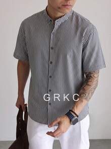 GRKC Men's Stand Collar Short Sleeve Woven Loose Fit Business Casual Button-Up Shirt, Spring/Summer - Light Grey - View 2