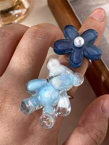 2 Buah Cincin Beruang & Bunga Lucu, Cincin Hewan Beruang Biru yang Unik, Pita Terbuka yang Dapat Disesuaikan dari Baja Tahan Karat, Hadiah Unik untuk Wanita, Y2K, Perhiasan Wanita yang Dipersonalisasi dan Berlebihan - Biru - View 5