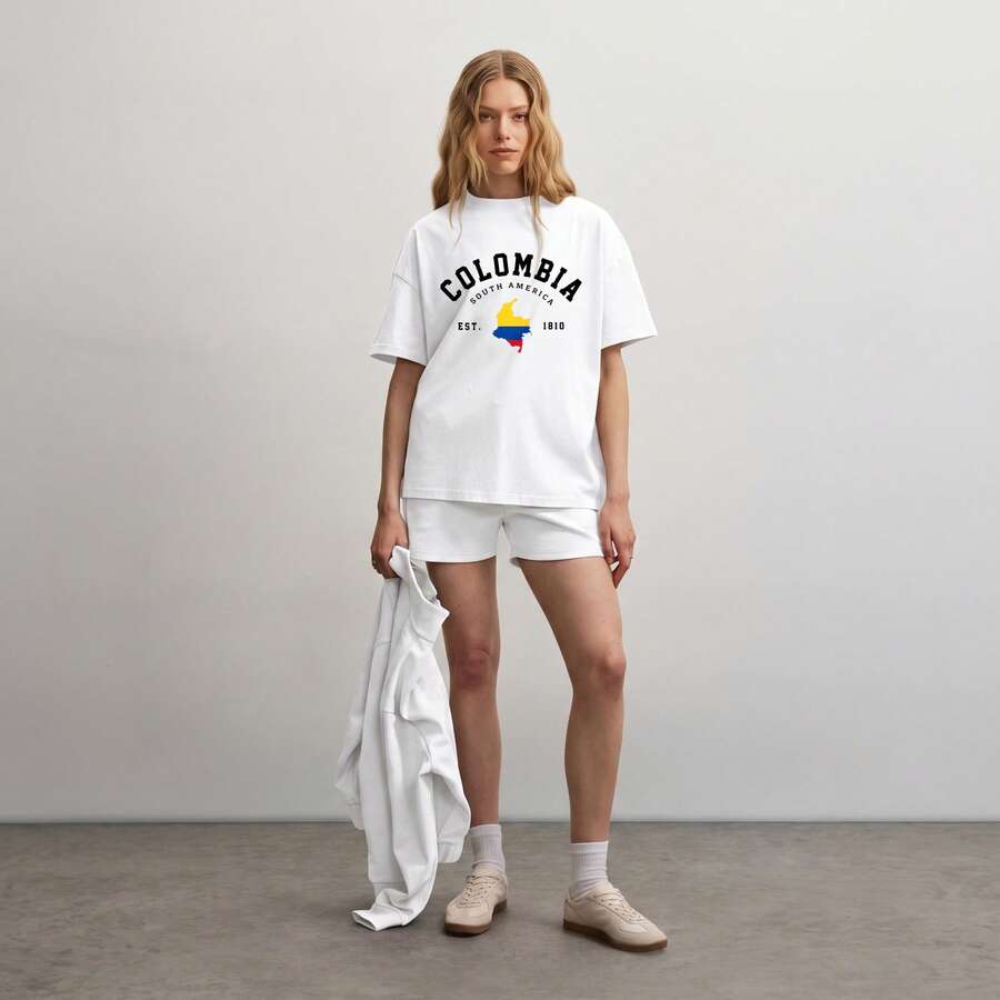 Women's White T-Shirt With Colombia Print And Colorful Map, Casual Summer Vacation Style, Lightweight Comfort Top - White - View 1