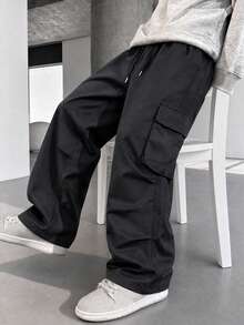 Men's Black Cargo Pants, Spring/Autumn, Outdoor Hiking, Loose Fit, Comfortable, Slightly Flared, Streetwear, Versatile, Casual, Daily Wear Long Pants - Black - View 1