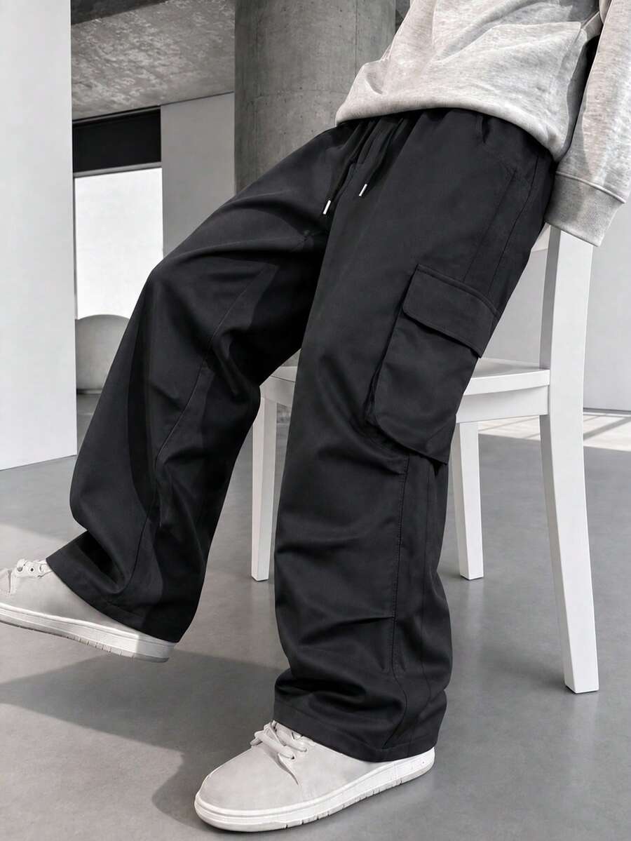 Men's Black Cargo Pants, Spring/Autumn, Outdoor Hiking, Loose Fit, Comfortable, Slightly Flared, Streetwear, Versatile, Casual, Daily Wear Long Pants - Black - View 1
