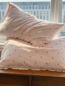 3pcs 100% Polyester 2026 New Collection Girl's Heart Series Aesthetic Romantic Green Ditsy Floral Ruffle Edge Duvet Set, 2 Ruffle Edge Pillowcases + 1 Ruffle Edge Duvet Cover Set Combination (No Bed Sheet) - Cherry Pollen - View 7
