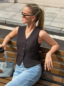 Women's Fashion Slim Fit Solid Color Casual Sleeveless Vest Short Jacket For Vacation, Date, Spring And Autumn - Black - View 9