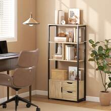 Boekenkast in industriële stijl met 3 planken, een kastdeur en 2 lades, 58 x 24 x 122 cm, natuurlijke houtlook, zwart staal - A - Bekijken 3