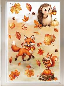2pcs Autumn Forest Animal Static Window Clings, Fox Hedgehog Squirrel Rabbit Maple Leaf Pumpkin Acorn Stickers, Glue-Free Reusable Glass Decals, Autumn Thanksgiving Home Store Window Party Decoration Gift - Multicolor - View 8