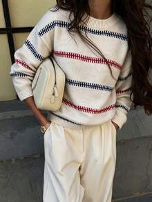 Sweater Rajut Desain Retro Musim Gugur/Musim Dingin, Pullover Leher Bulat, Blus Kasual Bahu Jatuh Bergaris, Atasan Rajut Lengan Panjang - Light Grey - View 5