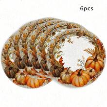 1/4/6件組秋季豐收南瓜玉米花環手繪餐墊，適合溫馨農舍風感恩節餐桌裝飾，橘色、紅色、棕色南瓜、楓葉與松果圖案，聚酯纖維材質 - 彩色 - 查看 10