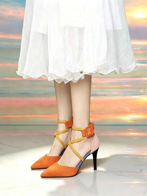 Orange Pointed Toe Hollow Out High Heel Shoes, Black Suede High Heel Shoes, Contrast Color Buckle High Heel Shoes, Macaron Color Block High Heel Shoes, Fuchsia Princess High Heel Shoes, Elegant, Party