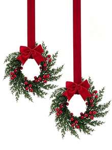 2pcs/1pc Christmas Wreath With Ribbon, 26cm/10.24in, Suitable For Kitchen Cabinets, Windows, Walls, Front Door Decoration, Small Christmas Wreath - Compact Christmas Wreath, Suitable For Indoor Use, Fireplace, Windows, Farmhouse Interior Home Decor - Multicolor - View 12