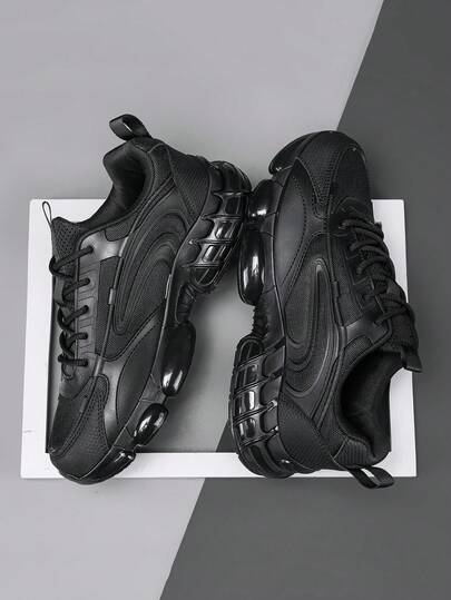 Men's New All-Season Black Mesh Air Cushion Dad Sneakers, Lace-Up Shock-Absorbing Thick Sole Walking Shoes, Fashion Minimalist Running Shoes For Daily Commute, Casual Jogging And Short Trips