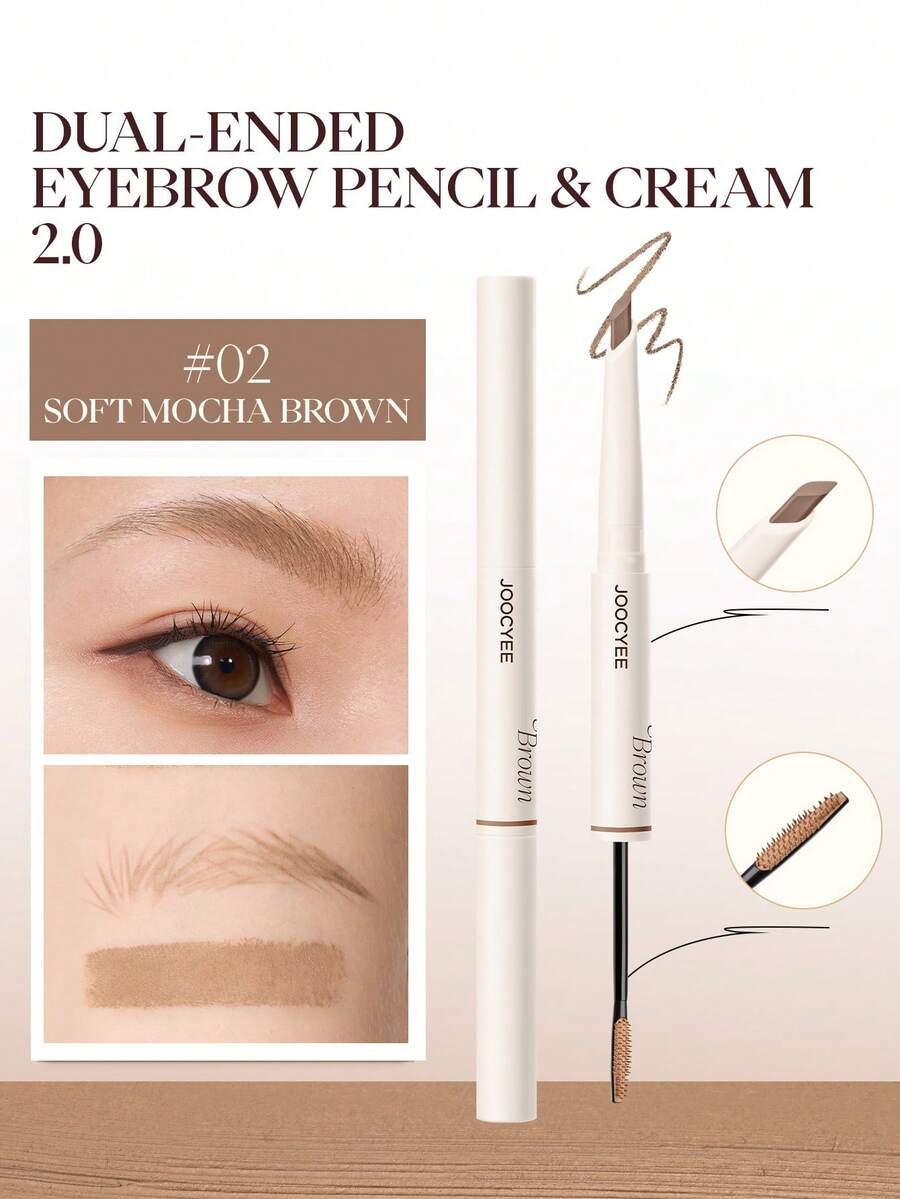 JOOCYEE Dual-Ended Eyebrow Pencil & Cream 2.0, 3D Natural Wild Brow Pencil & Tint, Light Color, Non-Staining Skin, Smooth Application, Fine Tip, Hot Selling - #02 Soft Mocha Brown - View 1