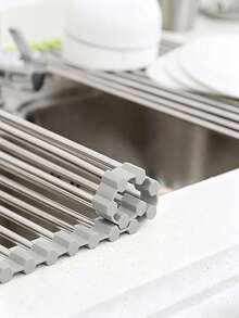 Foldable Sink Drying Rack, With Stainless‑Steel Poles And Silicone Edging. Available In Multiple Sizes And Colors, Heat‑Resistant, For Draining Tableware. It Can Be Rolled Up For Storage After Use To Save Kitchen Space. - Multiple Specifications - View 8