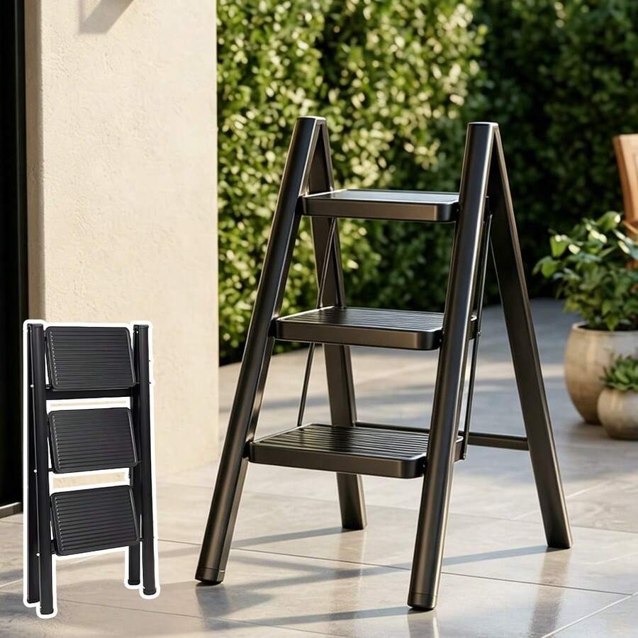 3‑Step Folding Step Ladder, Heavy‑Duty Carbon Steel Foldable Stool With Anti‑Slip Wide Pedal, Compact Portable Household Ladder For Kitchen Living Room Office Daily Home Tasks - A - View 1
