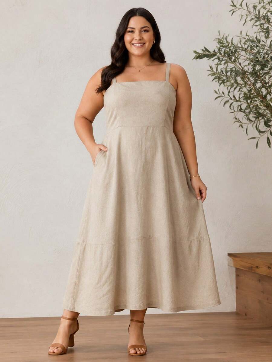 Vestido Plus Size Feminino em Linho Midi Alça Regulável com Lastex - Bege - Visão 1