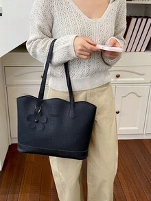 新款秋冬荔枝紋PU材質女款托特包，大容量法式黑色單肩包，百搭斜挎包，適合日常、上學與通勤 - 黑色 - 查看 8