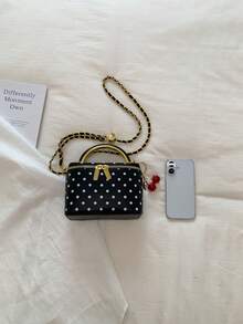 Handbag With All-Over Polka Dot Print, Small Square Box Shape, Detachable Long Chain Strap For Crossbody Wear, Smooth Zipper Closure For Easy Access, Comes With Cherry Charm, Suitable For Shopping, Dating, Commuting And Travel - Black - View 3