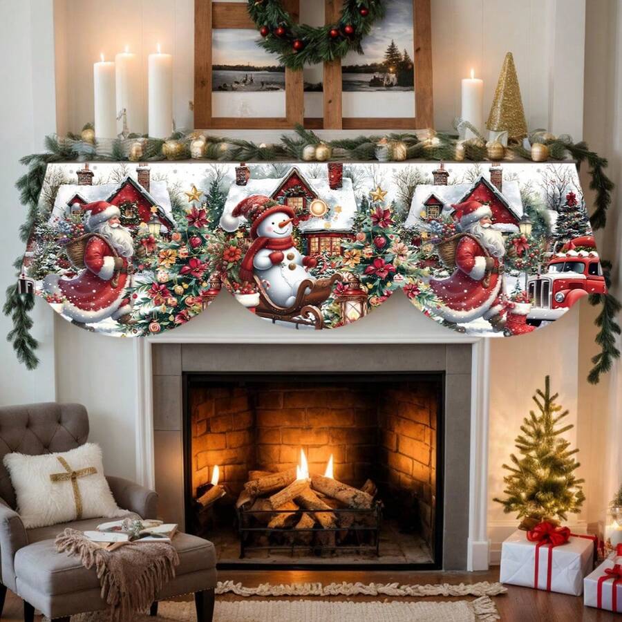 1pc Christmas-Themed Fireplace Blanket, Featuring A Snowman, Santa Claus, A Red Christmas Tree, Winter Snow Scene Design, Fireplace Decoration, Party Supplies, Gift, Table Flag, Banner, Firebox Cover, Suitable For Holiday Home Wall Decoration - Multicolor - View 1
