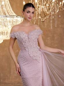 Sexy Off-Shoulder Asymmetrical Floral Embellished Sequin Bead Pearl Puff Embroidery Bodycon Fishtail Skirt Mesh Side Drape Evening Gown - Pink - View 3