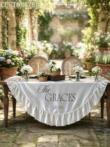 Customized Newlywed Satin Table Runner, Personalized Family Name & Date Scalloped Edge Tablecloth, Custom Wedding Sweet Table Decor, Reception Bride Shower Table Decoration Gift - Multicolor - View 3