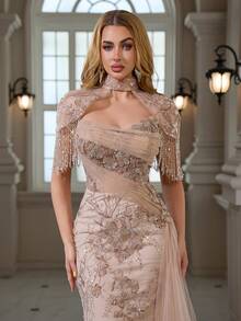 Ivity Tassel Shawl Mesh Ruched Elegant Hip-Hugging Fishtail Skirt Tulle Side Drape Evening Gown/Dry Cleanable/Suitable For Weddings, Banquets, Parties - Apricot - View 5