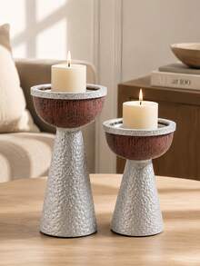 1pc Rustic Silver Hammered Candle Holder, Farmhouse Style Living Room Dining Room Fireplace Tabletop Decor Centerpiece - Silver - View 2