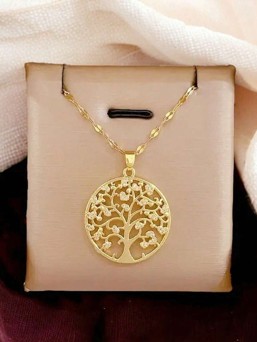 Tree Of Life Light Luxury Banquet Wedding Necklace For Women, Niche Design Versatile Clavicle Chain Pendant Necklace 1 Piece (Gift Box Not Included) - Gold - View 1
