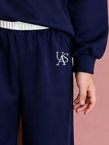 Young Girl Letter Print White Collar Pullover Warm Sweatshirt And Pants Set - Royal Blue - View 4