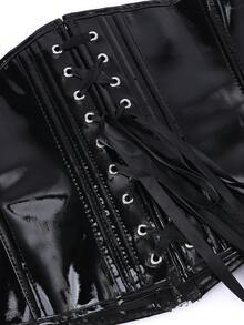 Black Patent Leather Waist Cincher Corset Belt With 4 Metal Buckles And Zipper, Underbust Waist Shaping Belt, Gothic Punk Style For Halloween Carnival Party - Black - View 5