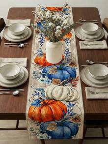 1pc Autumn Pumpkin Table Runner, Blue Orange White Pumpkin Floral Wood Grain Background, Suitable For Indoor/Outdoor Party, Kitchen Home Dining Table Center Decor, Living Room Rectangular Dining Table, Restaurant - Blue and White - View 4