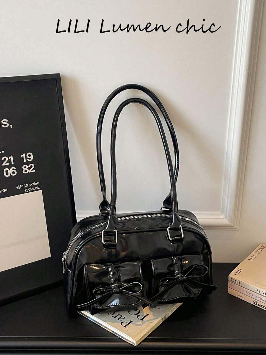 Double Bow Decor Shoulder Bag, Soft Glossy Fabric, Wrinkle-Resistant, Dual Front Pockets For Organized Storage Of Small Items, Zipper Closure To Prevent Items From Falling Out, Suitable For School, Commute, Work, Shopping, Dating And Travel